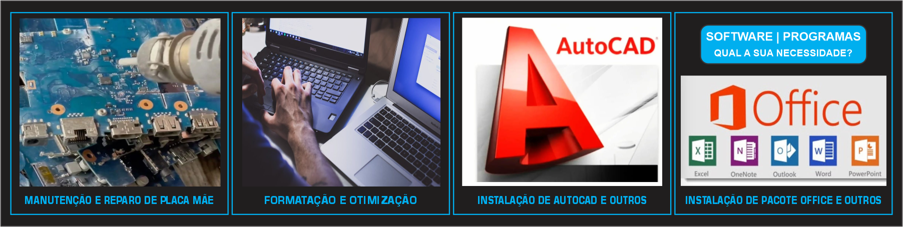 Central informática BH - Manutenção e reparo de placa mãe de notebook, formatação e otimização de windows, instalação e configuração de autocad, instalação de pacote office, instalação de softwares e programas.